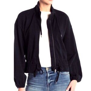 FRAME zip front balloon sleeve jacket cropped tie-waist cotton black womens med